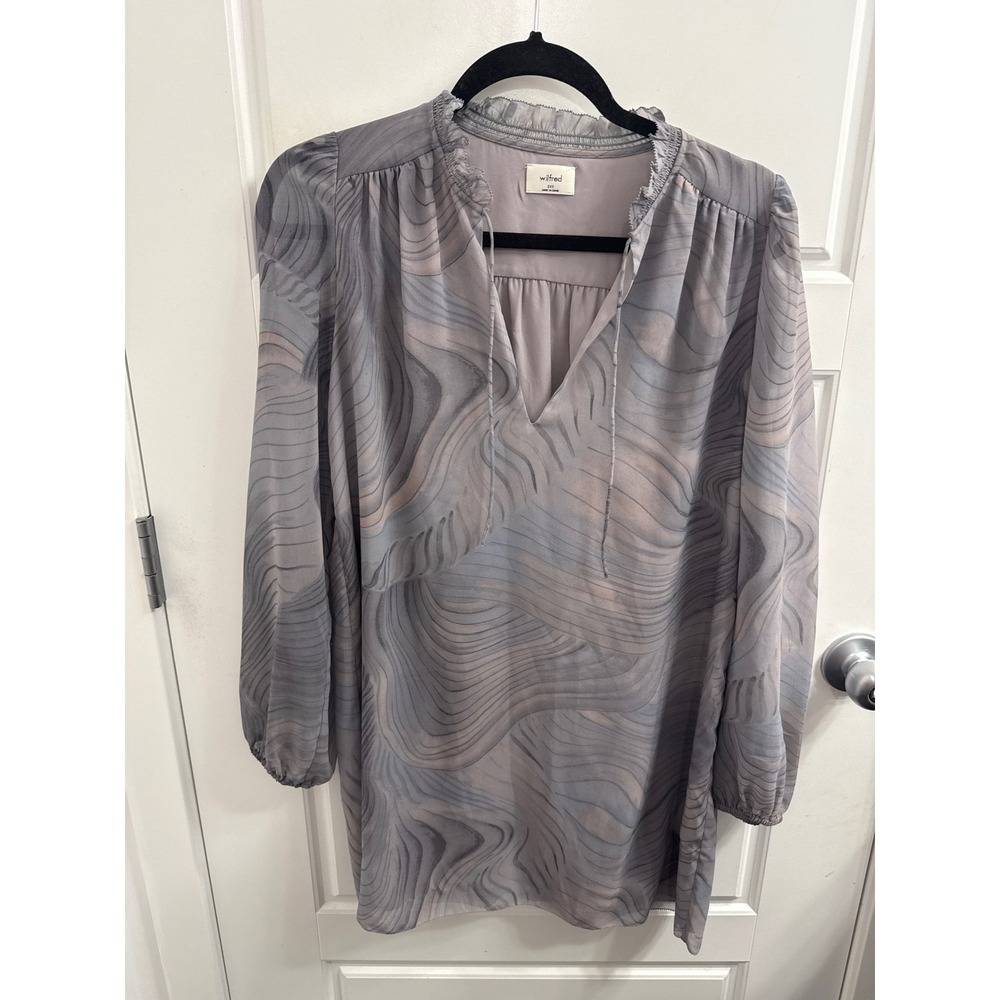 Wilfred Aritzia Purple Grey Marble Print Ruffle Neck Chiffon Mini Dress 2XS